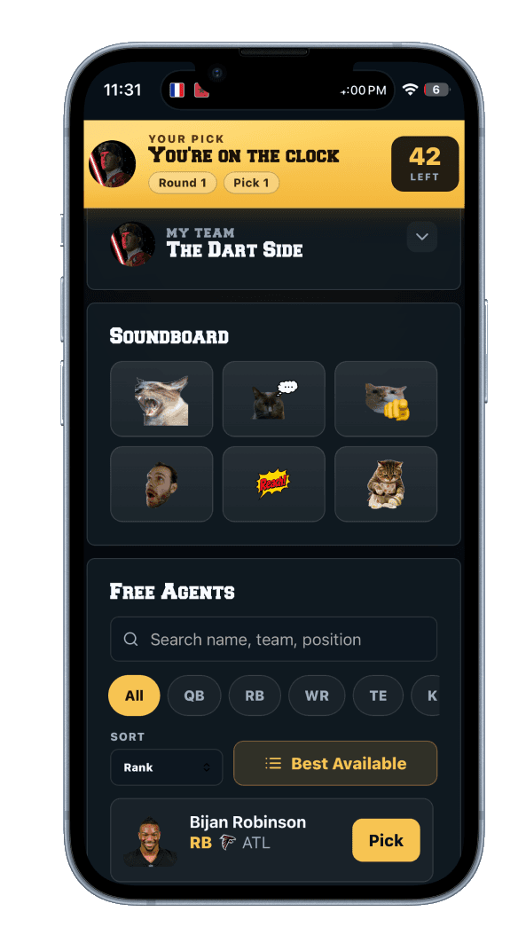 DRAFTNIGHT phone controller showing a manager on the clock with player search and soundboard controls