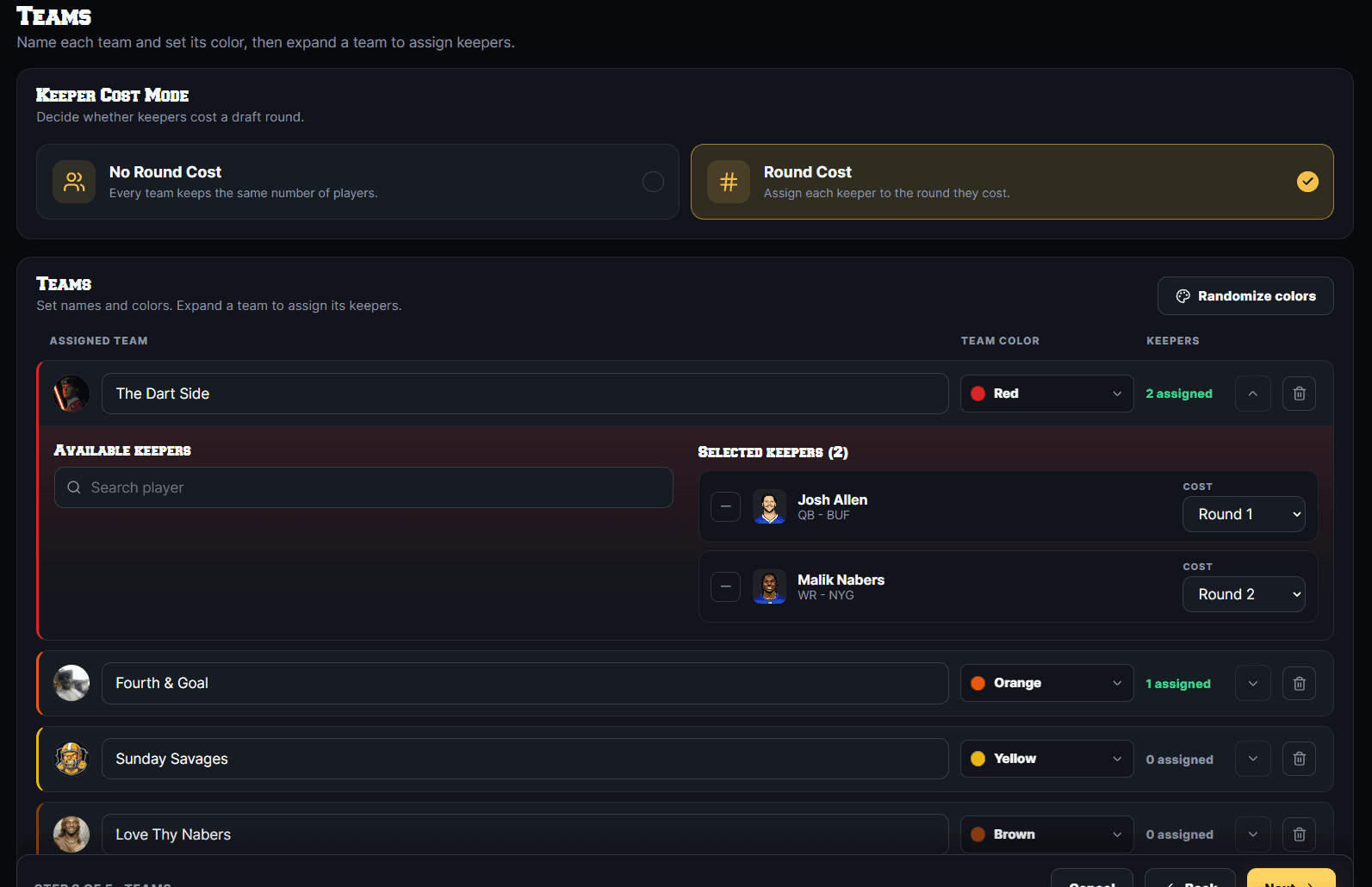 DRAFTNIGHT team setup — name teams, set colors, and assign keepers with per-round costs