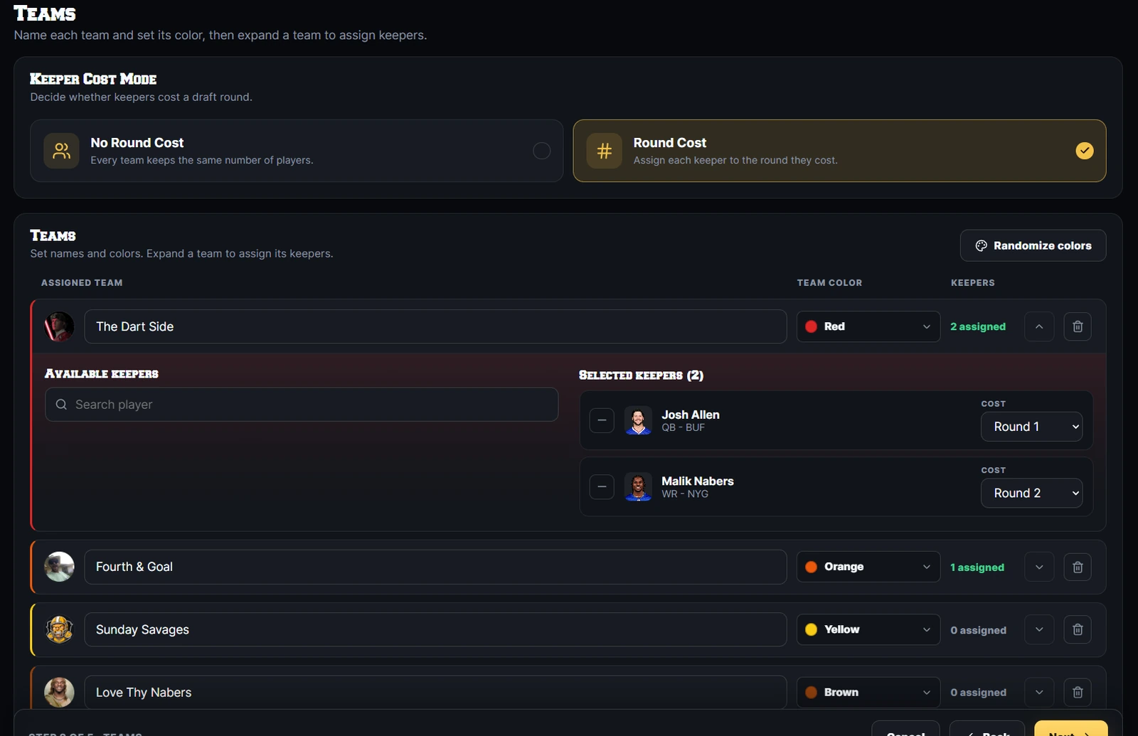 DRAFTNIGHT league setup dashboard showing team, roster, and draft-order controls