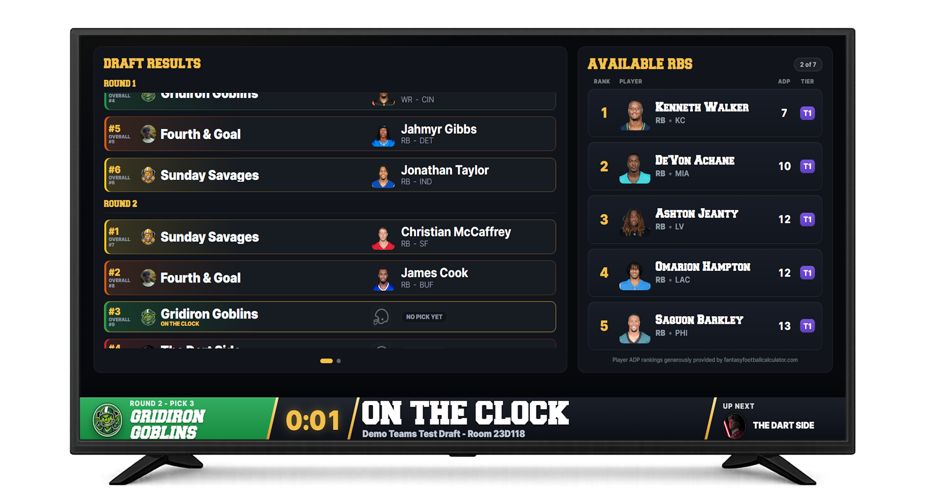 DRAFTNIGHT live TV draft board shown on a television — draft results, available players, and an on-the-clock broadcast bar