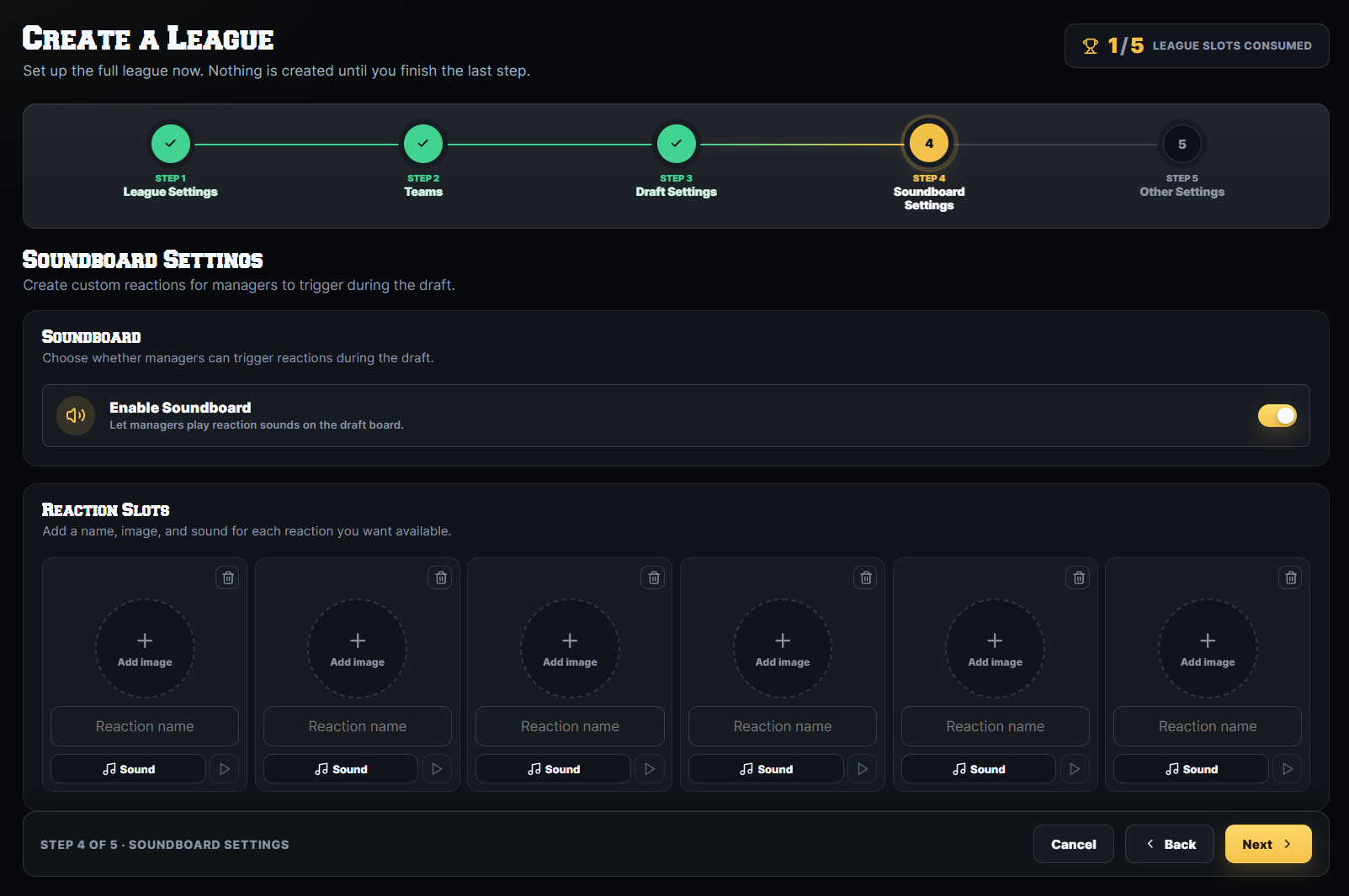 DRAFTNIGHT soundboard settings — custom reaction slots with name, image, and sound