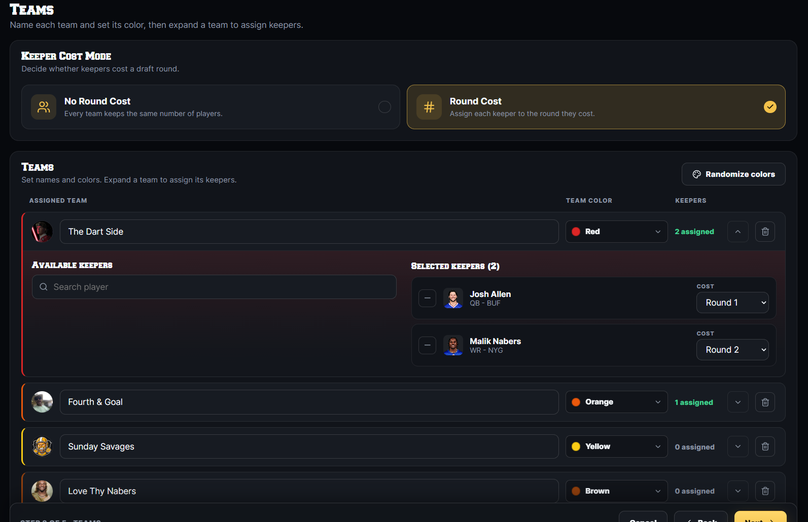 DRAFTNIGHT team setup — name teams, set colors, and assign keepers with per-round costs