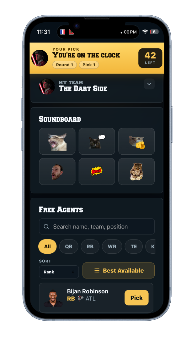 DRAFTNIGHT phone controller — you're on the clock with team, soundboard, and free-agent search